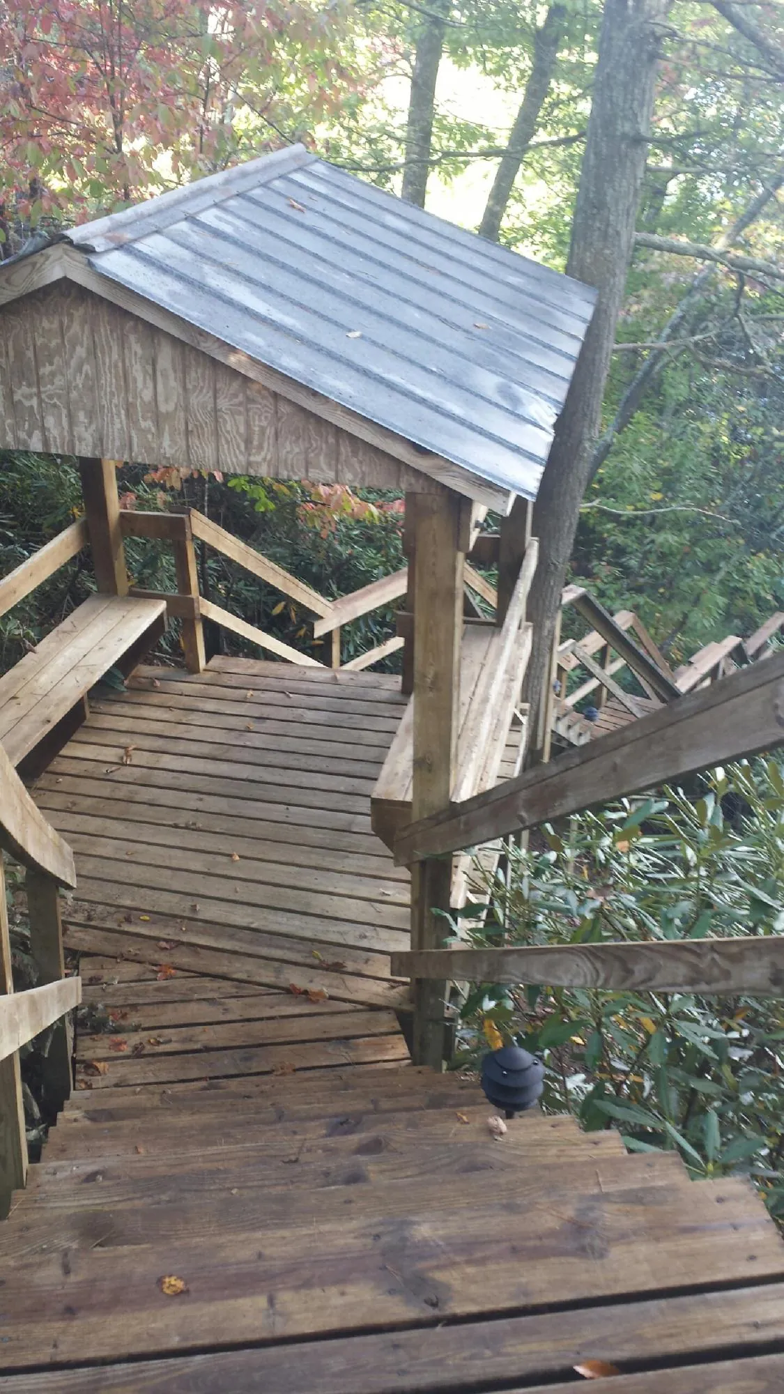 Metal roofed shelter over wooden steps on a wooded walkway — Skylight Repair & Installation work by our crew in Blossvale